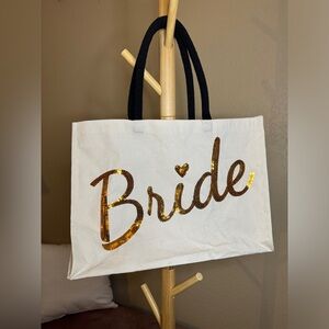 Bride White Large Canvas Tote with Gold Sparkle Sequin Letters